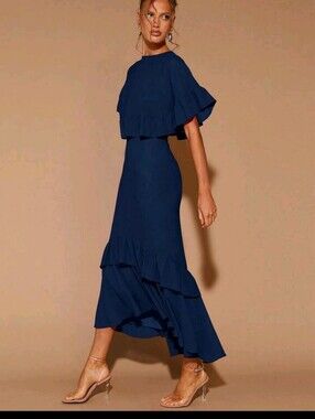 Women's Elegant Ruffle Hem Long Sleeve Round Neck Dress,